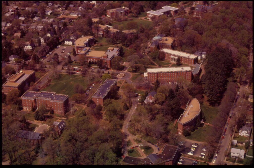 A colored picture showing an Aerial View of the Eastern side of campus showing Jefferson, Bushnell, Combs, George Washington, Westmoreland, Mason, Randolph, Trinkle, Virginia, Chandler, Madison, Ball and Custis Halls. 
