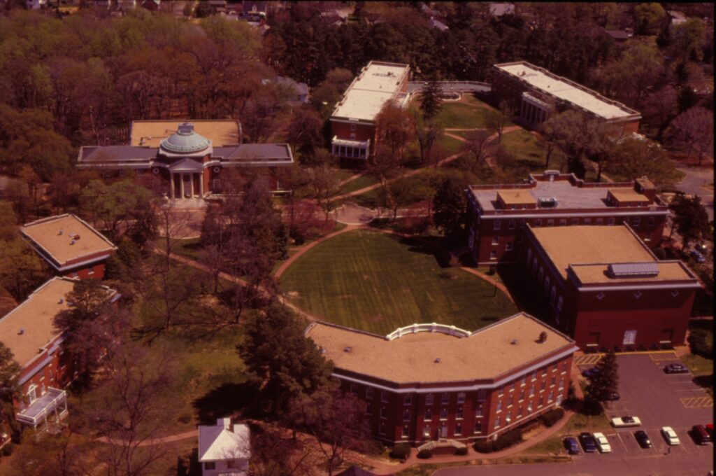 A colored photo of an aerial view of campus showing Ball, Madison, Westmoreland, trinkle, Mason, Randolph and Geroge Washington Halls. 