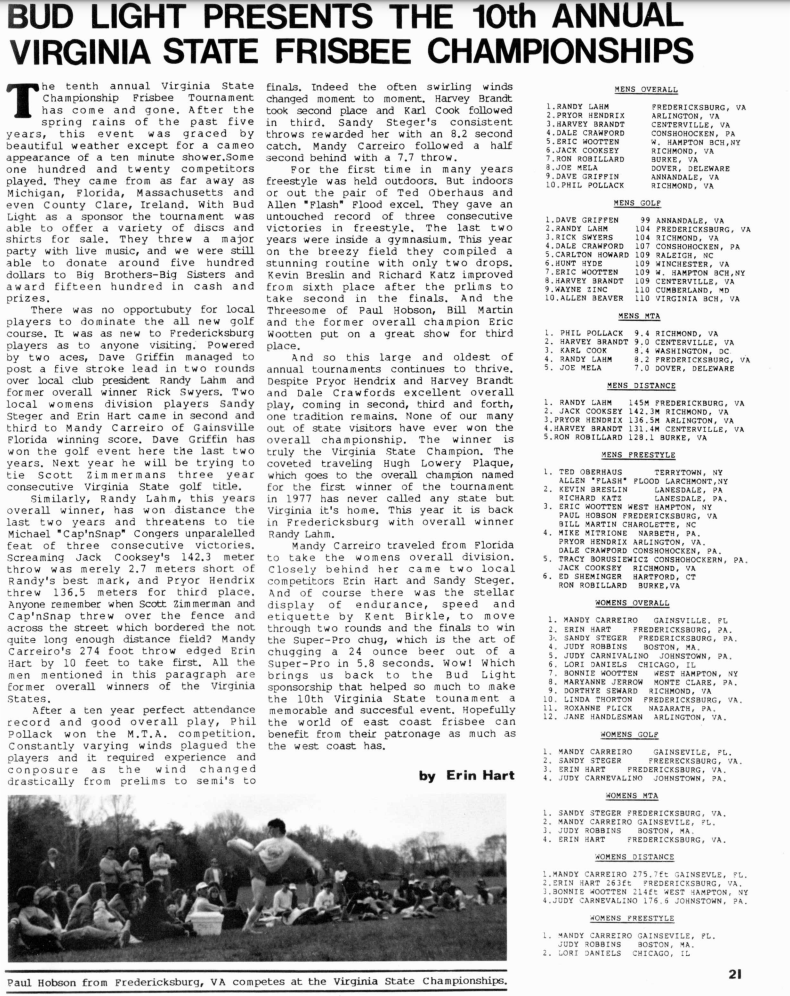 An article from a magazine talking about the 10th annual Virginia States Frisbee Tournament hosted at John Lee Pratt Park along with scores for Golf, Maximum Time Aloft, Distance, Freestyle and overall scores for men and women. There is a black and white picture of onlookers watching Peter Hobson complete a complicated grab. 