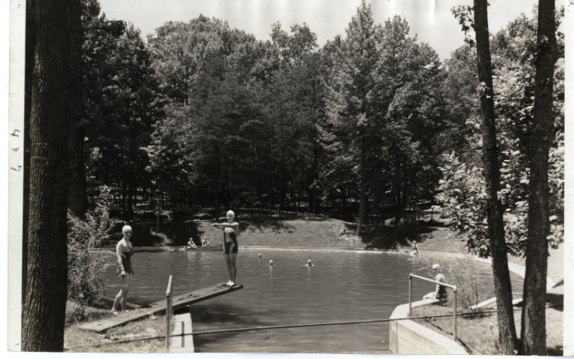 A black and white picture of the outdoor swimming pool. There are seven students swimming with one preparing to dive in. The swimming pool has curvilinear edges with trees and grass all around it. 