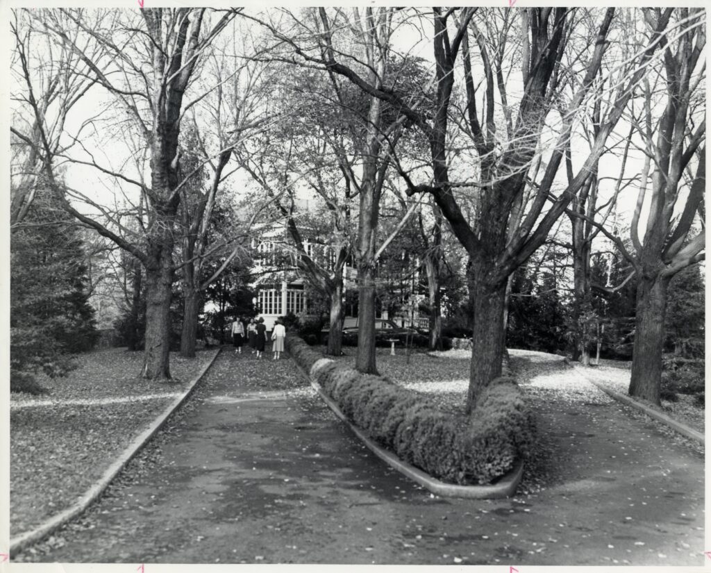 A black and white picture showing a split in a pathway with the left most pathway heading towards the modern day Marye House with a group of students walking towards it. 